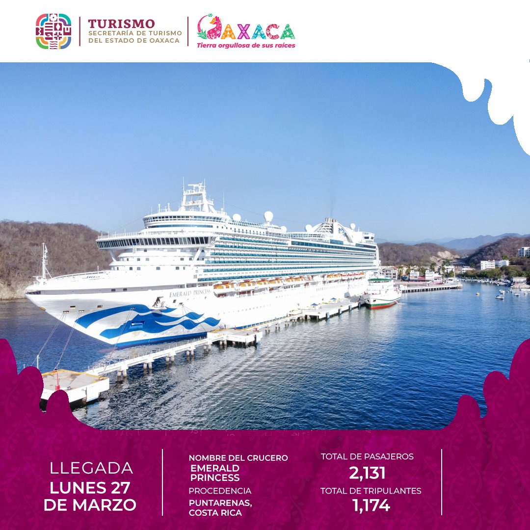 Este lunes activando la economía del puerto de Santa Cruz #Huatulco, llegó el #Crucero Emerald Princess, desde Costa Rica, trayendo a 2,131 pasajeros y 1,174 tripulantes para disfrutar de este paraíso natural de Oaxaca.

#TierraOrgullosaDeSusRaíces
#TurismoDeCruceros