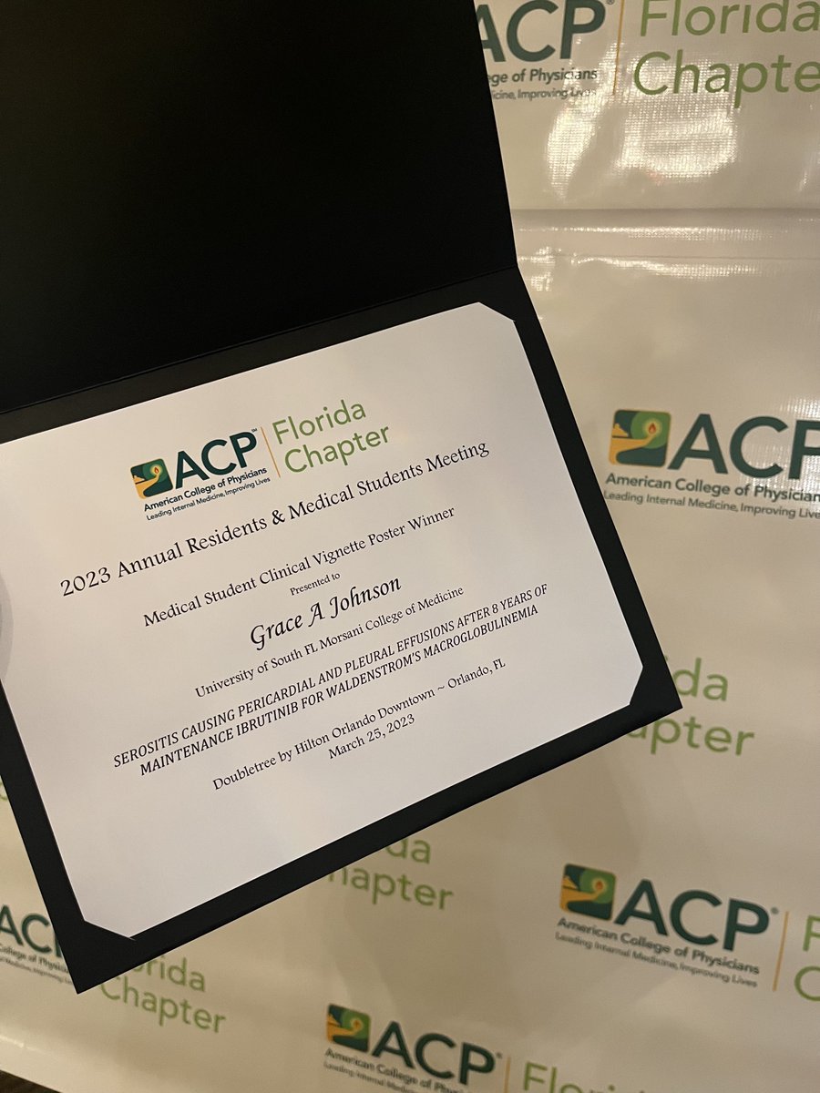 nihabaviriseaty's tweet photo. Grace, an amazing medical student, worked on this rare case involving targeted therapy, Ibrutinib, and large pericardial effusion that we saw together on wards and won a poster award @FLACPchapter! @USFIMres https://t.co/R786w7CrI9