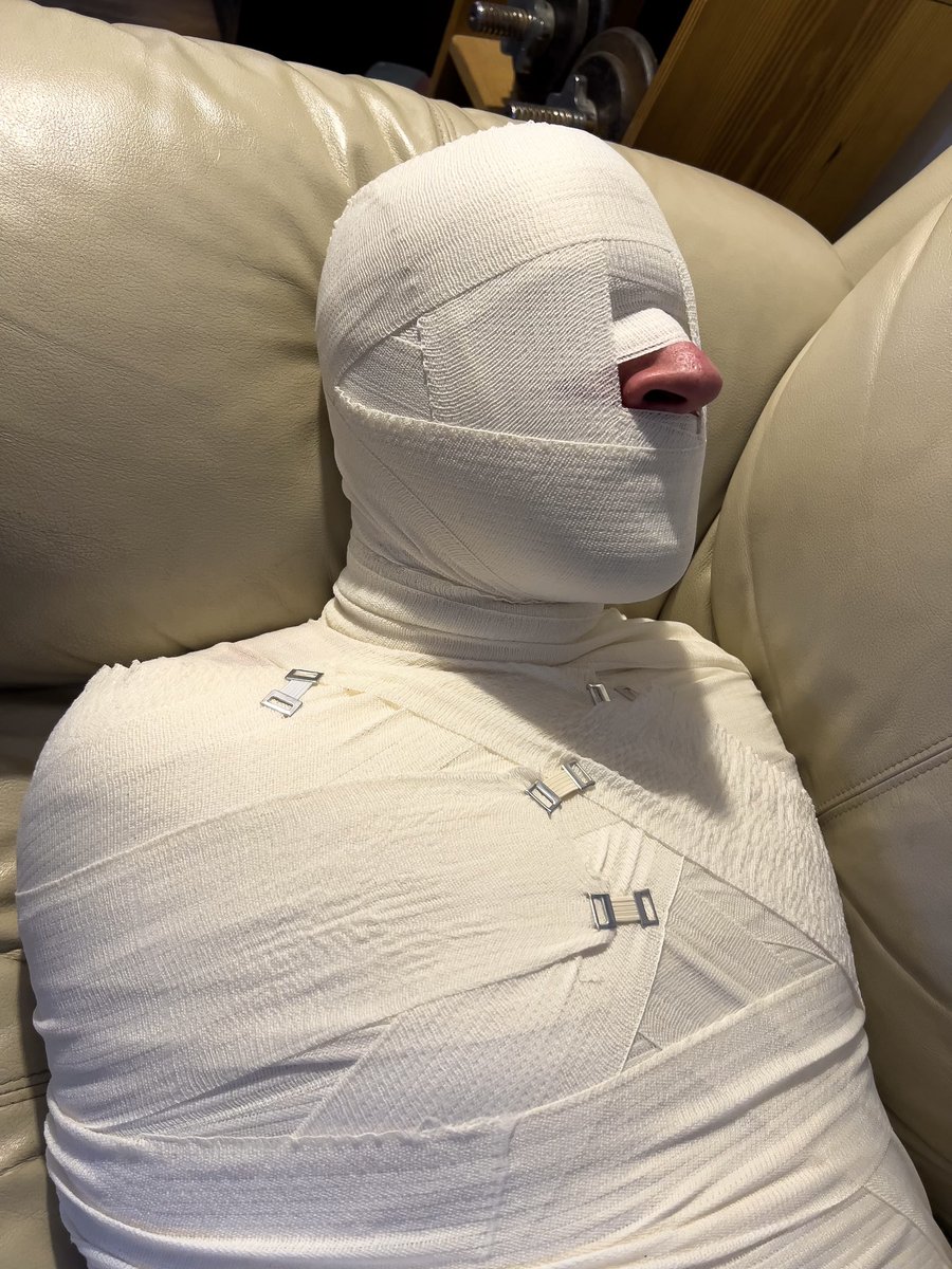 Straigh36778975's tweet photo. Finally made @BndgSwitchRob help me try out my XXXL mummification bandages from @ShopStrait and holy cow. These are the most comfy, yet secure way I’ve ever been wrapped. You could leave me like this all day long! Now who has a sarcophagus they can stuff me in for the night? https://t.co/ndGZEuZGQ0