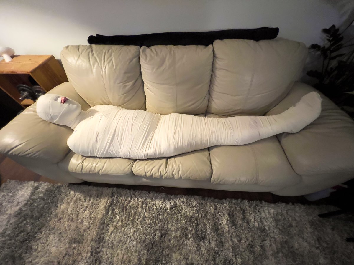 Straigh36778975's tweet photo. Finally made @BndgSwitchRob help me try out my XXXL mummification bandages from @ShopStrait and holy cow. These are the most comfy, yet secure way I’ve ever been wrapped. You could leave me like this all day long! Now who has a sarcophagus they can stuff me in for the night? https://t.co/ndGZEuZGQ0