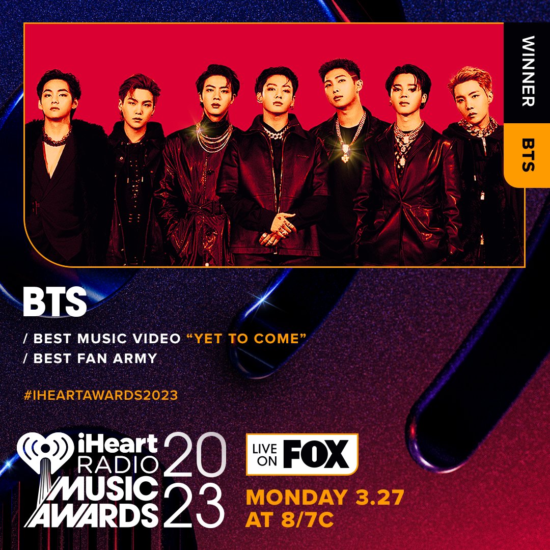 We won ‘Best Music Video’ with ‘Yet To Come’ and ‘Best Fan ARMY’ at the #iHeartAwards2023! Thank you so much ARMY and @iHeartRadio for supporting us!🙏 #BTS #방탄소년단 #YetToCome #BTSARMY💜