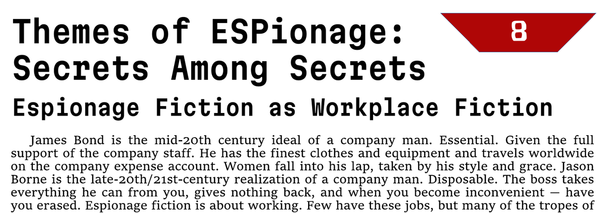 ToneMilazzo's tweet photo. Page 8.
If I remember right, this came out of an article about the changing rule of masculinity in the 20th century, using James Bond and Jason Borne as the before and after. More on Discord: https://t.co/mFHj4Jmg48
#TTRPG #FateRPG #ESPionageDevLog https://t.co/XXBtO0fg3c