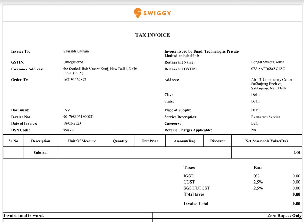sagaut_ind's tweet photo. @SwiggyCares It has been 3 days since query I raised this issue of empty invoices but no resolution has been provided. Empty invoices for last 10 orders. https://t.co/bXI0LtiSst