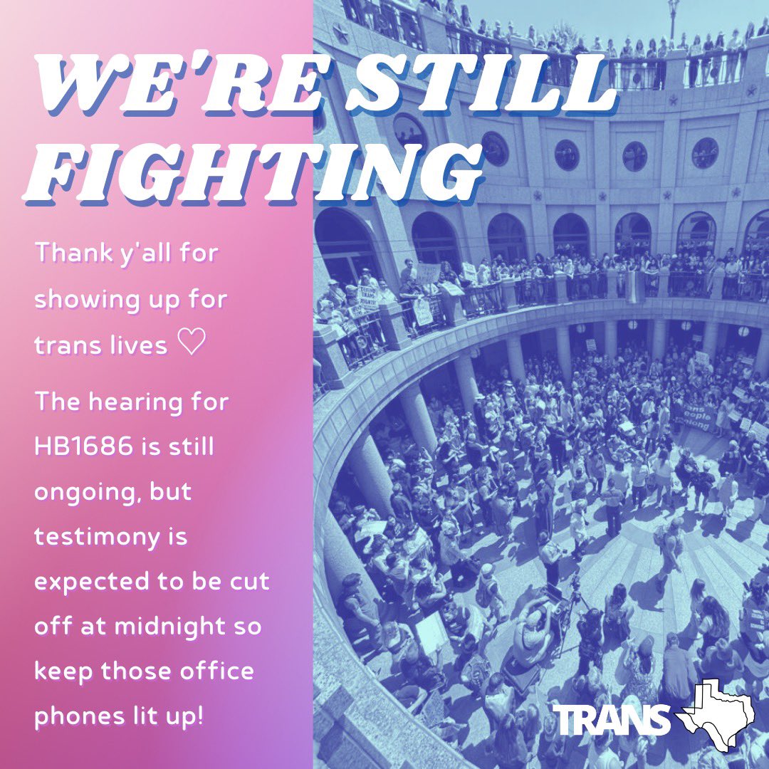 TransTexas's tweet photo. 🧵 Thank you to everyone who rallied, dropped a card, made phone calls, & showed up to protect trans lives today. We had an incredible turnout, but the fight is still going. The hearing for HB1686 is still happening and people have begun testifying. #txlege #transtexansfightback https://t.co/xqOdAzPBQq