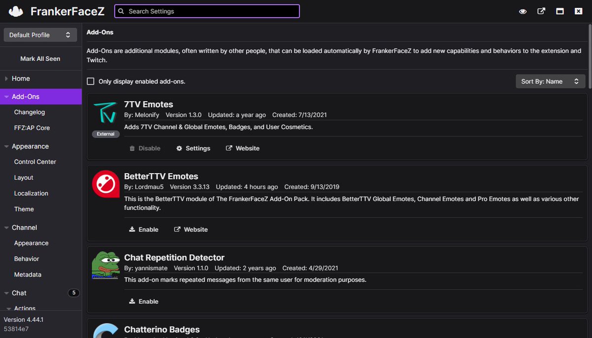 Kanarisky's tweet photo. @FrankerFaceZ Might I recommend changing the way the search bar works? Searched for "addon" to find the settings, but didn't realise the search bar also filters out entries in the add-on list. Before figuring this out, I was thinking maybe I needed to go to another site to grab the 7TV add-on. https://t.co/QJa8yG3Mwh