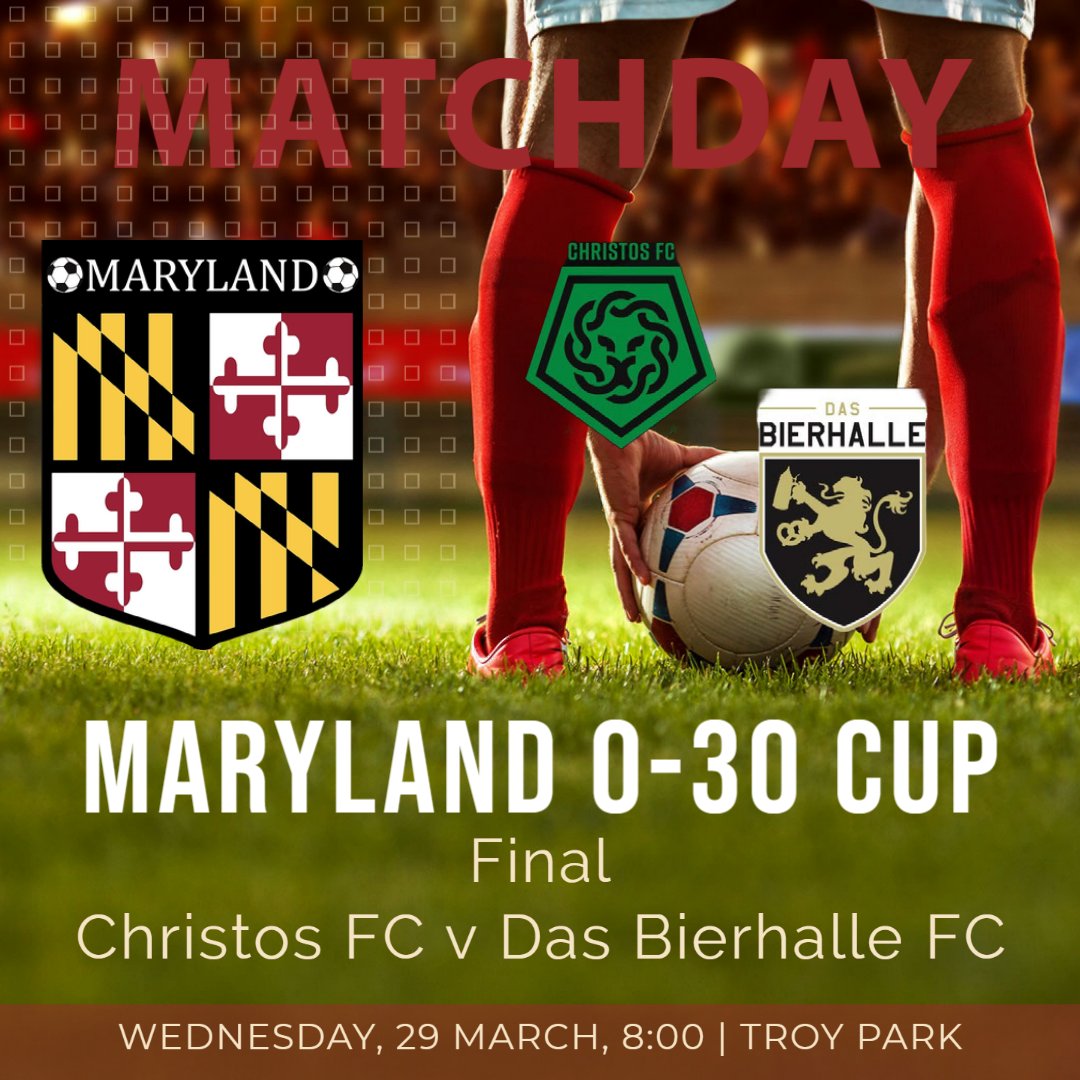 We replay our O-30 Cup final.
Wednesday evening, 29 March, 8:00
Troy Park #4

<a href="/ChristosFC/">Χριστός</a>  
 v
Das Bierhalle FC 

Winner advances to Gerhard Mengel Cup of <a href="/USASARegion1/">USASA Region I</a>. 

marylandsoccer.com/2023-maryland-…