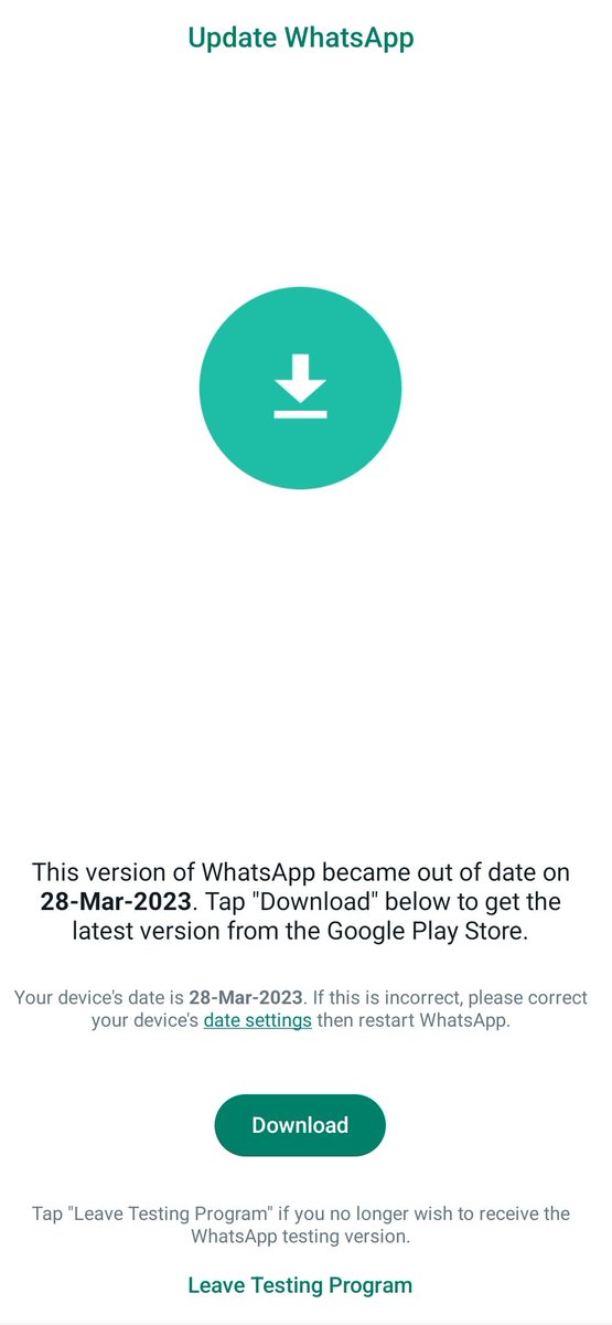 Aathi10Vel's tweet photo. Whatsapp Shows needs to download & update but in PlayStore it shows the app is upto date update... what's happening
@WhatsApp @wa_status @whatsappbiz #whatsappproblem #whatsappdown #whatsappupdate #WhatsApp https://t.co/Oc0Ev7CzJw