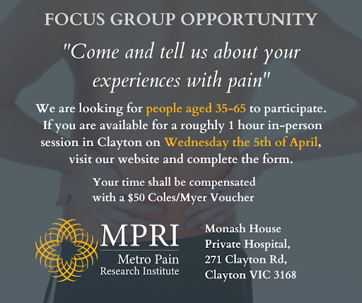 MPRIresearch's tweet photo. We are looking for people aged 35-65 to participate in a paid focus group discussion about pain.

Sign up here:
https://t.co/iq6R3CNbVF

NOTE: No experience with pain is required to participate in this survey, we want to hear about your experience even if there is none. https://t.co/SfMmCXs5hM