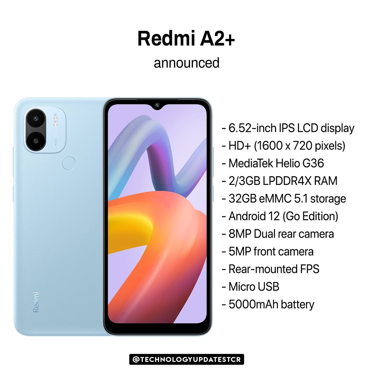 techupdatestcr's tweet photo. Redmi A2 and A2+ with 6.52″ display, Helio G36, 5000mAh battery announced.

#Redmi #RedmiA2 #RedmiA2Plus #AndroidGOEdition #Android12 https://t.co/PPxZCwrPVj
