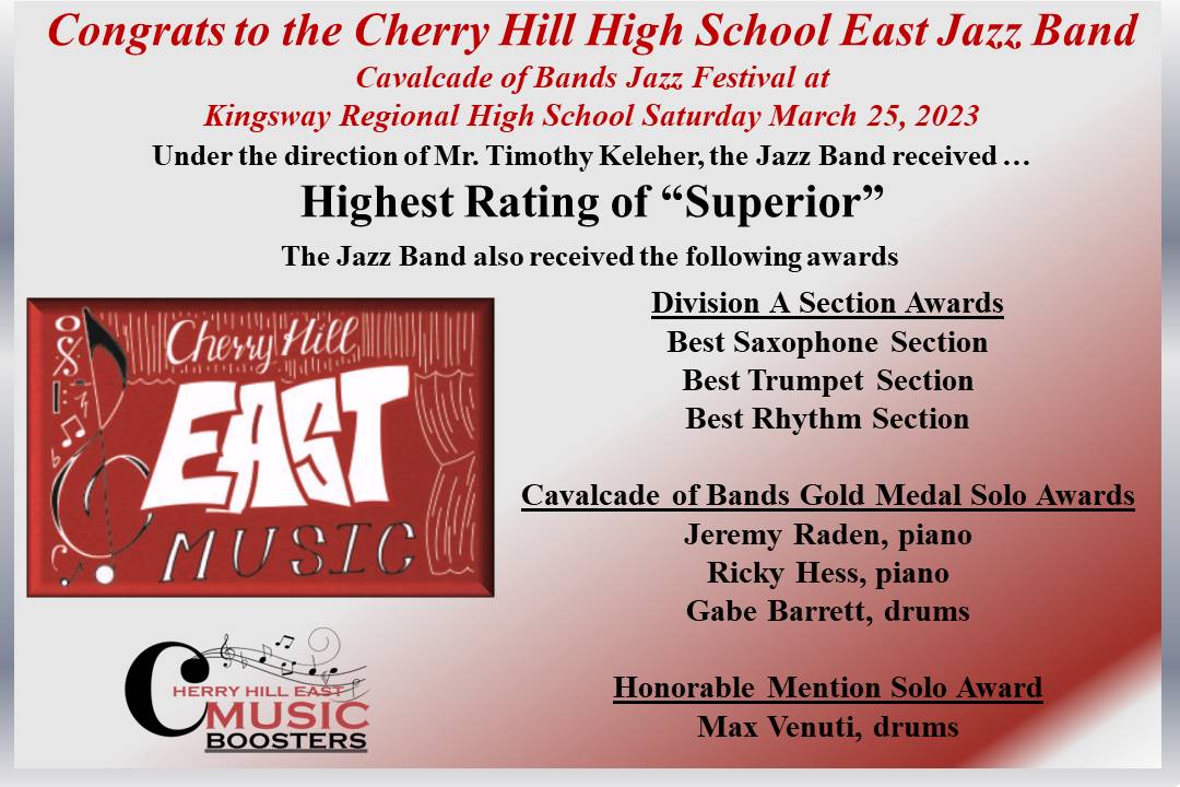 🎵👏😊💯 We are so very proud of our Jazz Band! Congratulations on your many awards at the Cavalcade of Bands Jazz Festival at Kingsway Regional High School on 3.25.23!! Up next: The Berks Jazz Festival-Cavalcade of Bands Scholastic Jazz Festival 3/28/23 in Reading, PA