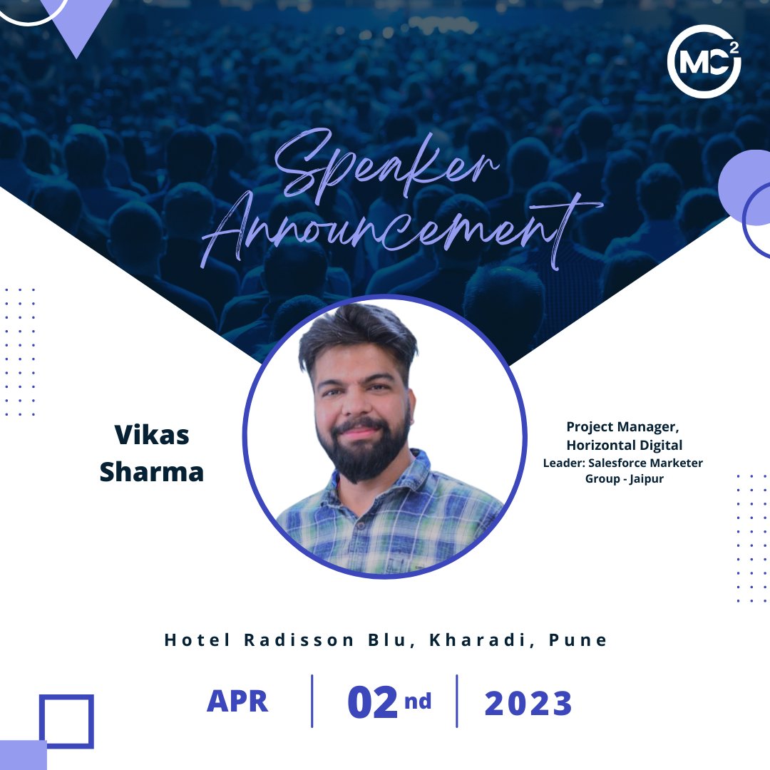 MC² (@mc2_event) on Twitter photo Meet our Speaker: <a href="/Vikas_Sharma_91/">Vikas Sharma</a> , Project Manager at Horizontal Digital, co-leader of Salesforce Marketer Group(Jaipur)
Topic: "MCI Implementation Lifecycle & Learning Path"
#marketingchampions #momentmarketers #TrailblazerCommunity #MC²
<a href="/shibua/">Shibu Abraham</a> <a href="/justguilda/">Guilda Hilaire</a> <a href="/JyothsnaBitra/">Jyothsna Bitra (JB)</a> Meet our Speaker: <a href="/Vikas_Sharma_91/">Vikas Sharma</a> , Project Manager at Horizontal Digital, co-leader of Salesforce Marketer Group(Jaipur)
Topic: "MCI Implementation Lifecycle & Learning Path"
#marketingchampions #momentmarketers #TrailblazerCommunity #MC²
<a href="/shibua/">Shibu Abraham</a> <a href="/justguilda/">Guilda Hilaire</a> <a href="/JyothsnaBitra/">Jyothsna Bitra (JB)</a>
