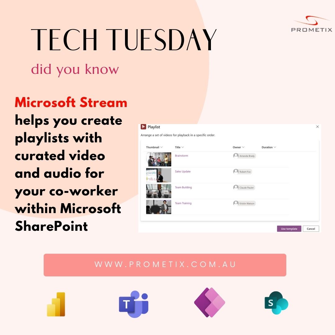 PrometixAus's tweet photo. Introducing Playlists - an easy way to curate and share video or audio collections within Microsoft 365. Add content using the 'Playlist' template in Microsoft Lists, and instantly playback and share. Microsoft Solutions combines simplicity with a trusted playback experience. https://t.co/Bn8VBmoZa2