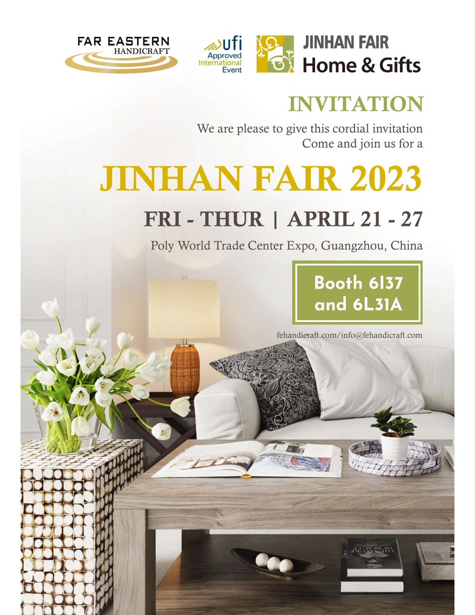 We are pleased to announce that Far Eastern Handicraft will be participating in Jinhan Fair 2023! Come visit our booth 6I37 and 6L31A, April 21-27 in China

Email us at info@fehandicraft.com to make pre-appointment
#JINHANFAIR #FarEasternHandicraftJSC #b2b #exporter #homedecor