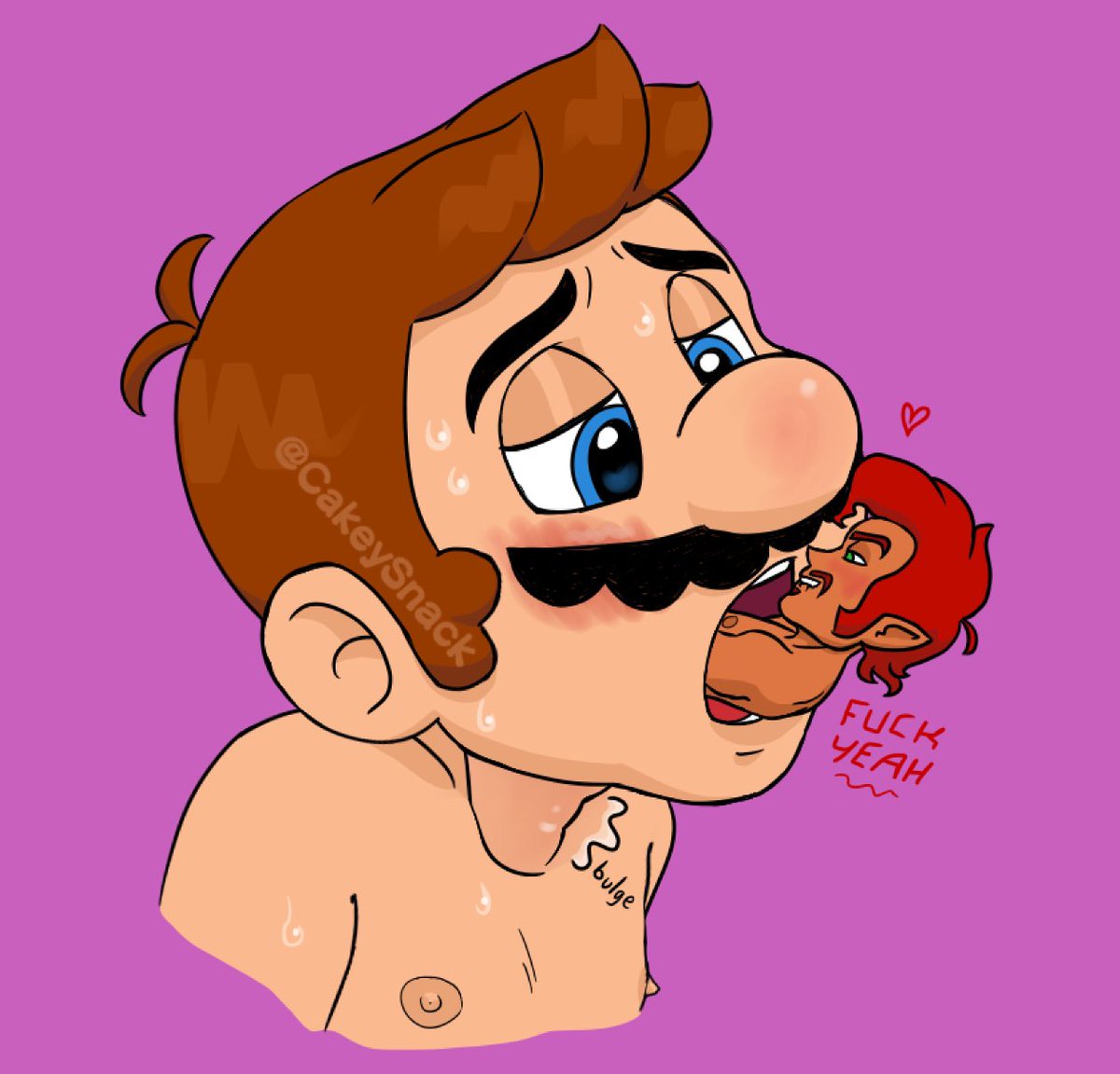 CakeySnack's tweet photo. This is one rare instance where I censor (because it’s vore) 👄

Now Snack can live up to his name by being a sweet treat for a cute little plumber. Good thing Mario’s throat stretches 🍬
And don’t worry, Snack will be fine. Video game logic. https://t.co/d7SEHClw7n
