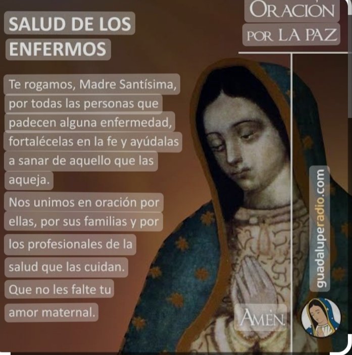 Virgencita misericordiosa de Guadalupe,
Hoy te encomiendo a <a href="/JG181407/">Hamlet.... No dejes de luchar por tus sueños .</a> y te suplico que con tu infinito poder,le sanes y le alejes de todo mal.
Te pido,madrecita,que le des fuerzas para sobrellevar
cualquier prueba que pongas,
que le mantenga de pie, y que nunca pierda la fe...