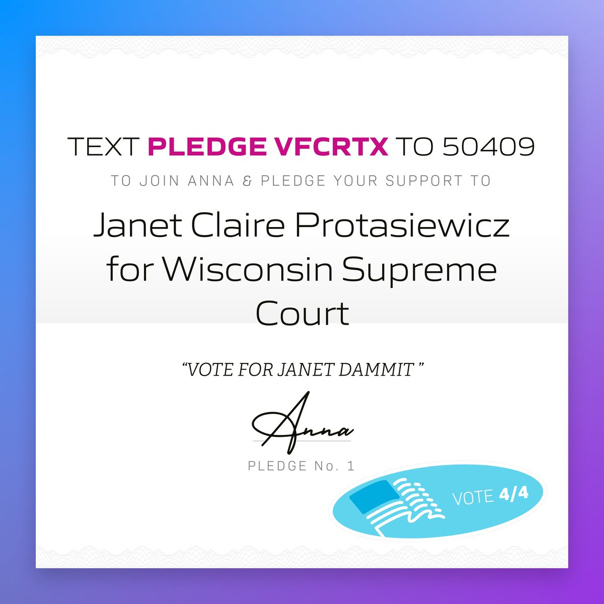 🖋 Anna in Trempealeau County, Wis. just pledged to support Janet Claire Protasiewicz for Wisconsin Supreme Court! 

Tap to pledge your support &amp; get ready to vote: x.com/messages/compo…