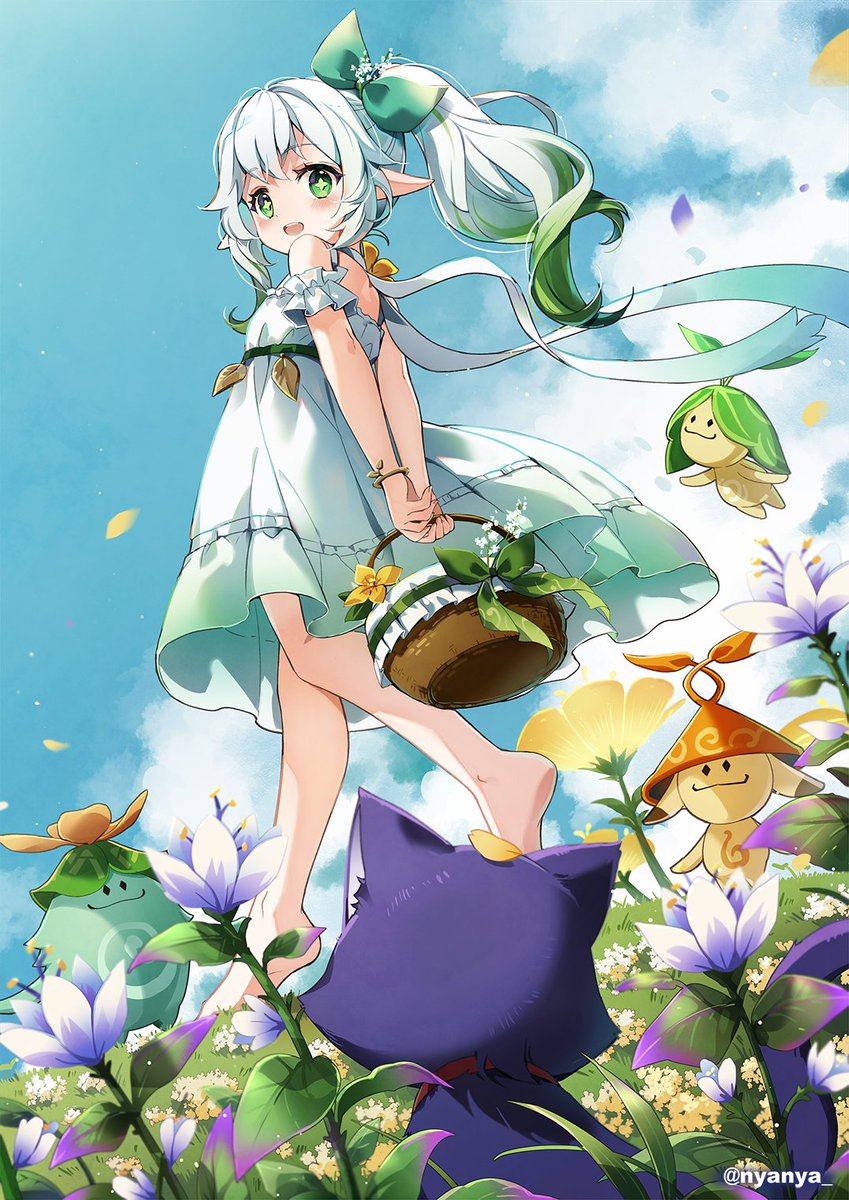 nahida (genshin impact) 1girl flower green eyes dress white dress pointy ears side ponytail  illustration images