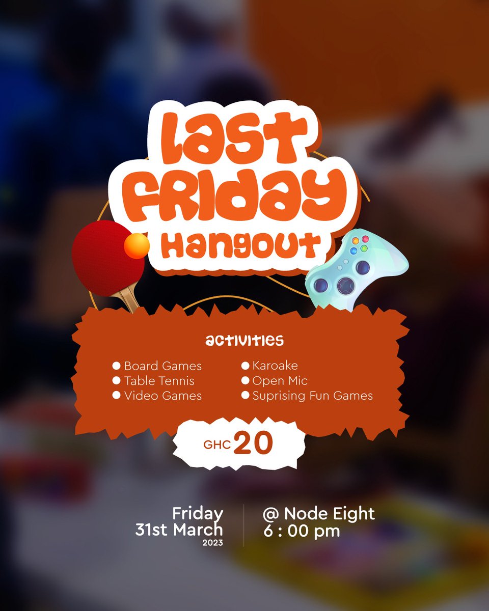 See you this Friday!!! 

Having worked hard all month, this is our chance to wind down and mingle with others. 

Grab a ticket for you and your friends before they sell out!

👉🏽 bit.ly/3JxViFJ

#nodeeight #digitalinnovationhub #networking #Ghana
