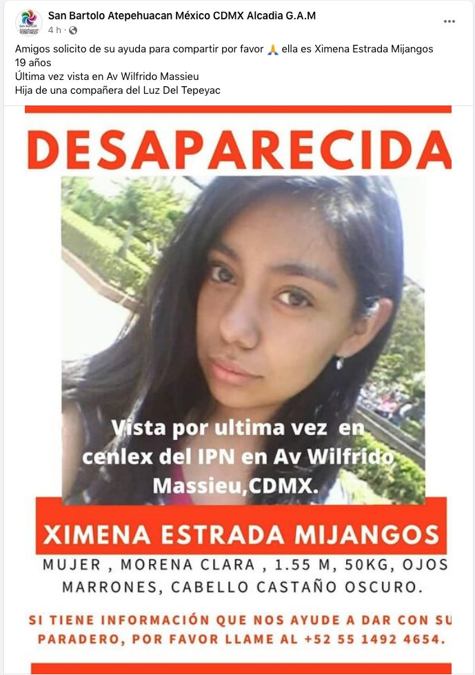 ReporteMxNotic1's tweet photo. Se busca a Ximena Estrada Mijangos, desaparecida el 27 de marzo del 2023 en la colonia Lindavista, alcaldía Gustavo A. Madero, Ciudad de México
#HastaEncontrarla @FiscaliaCDMX @FGRMexico @SSPCMexico
https://t.co/3D49SrOWDr https://t.co/tMSCSAxYcu