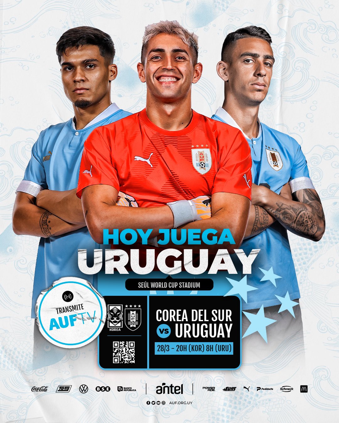 AUF - Selección Uruguaya de Fútbol - 🇺🇾 ¡𝙃𝙊𝙔 𝙅𝙐𝙀𝙂𝘼 𝙐𝙍𝙐𝙂𝙐𝘼𝙔!  ¡Debuta #LaCeleste en la FIFA World Cup! 🆚 Corea del Sur 🕜 16h (QAT) 10h  (UY) #ElEquipoQueNosUne