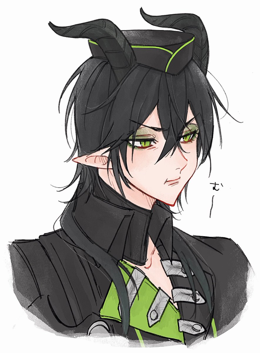 1boy horns male focus pointy ears green eyes black hair solo  illustration images