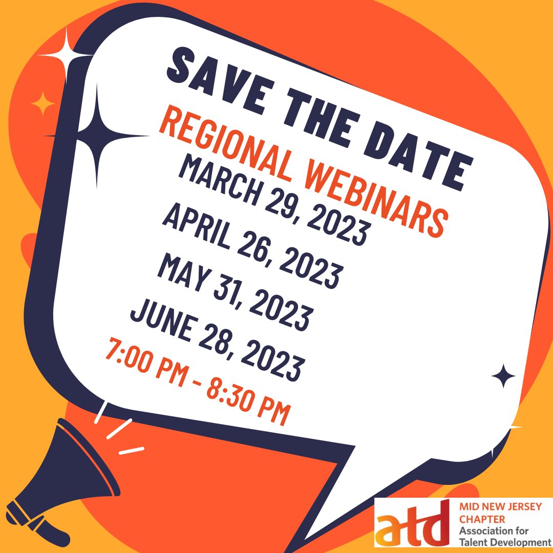 Save the date!
Regional Webinars
MARCH 29, 2023
APRIL 26, 2023
MAY 31, 2023
JUNE 28, 2023
7:00 PM - 8:30 PM midnjatd.org  #MidNJATD