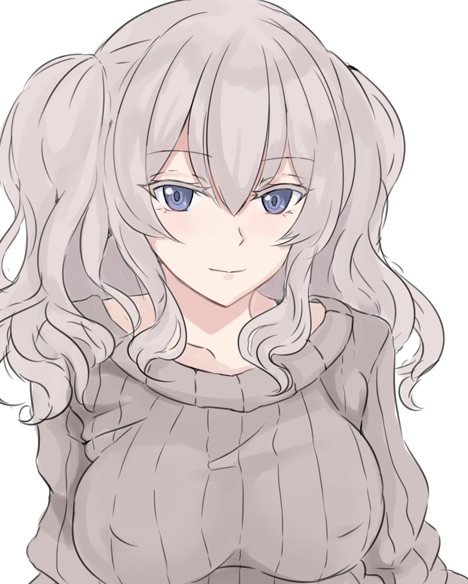 kashima (kancolle) 1girl solo sweater grey hair white background breasts upper body  illustration images