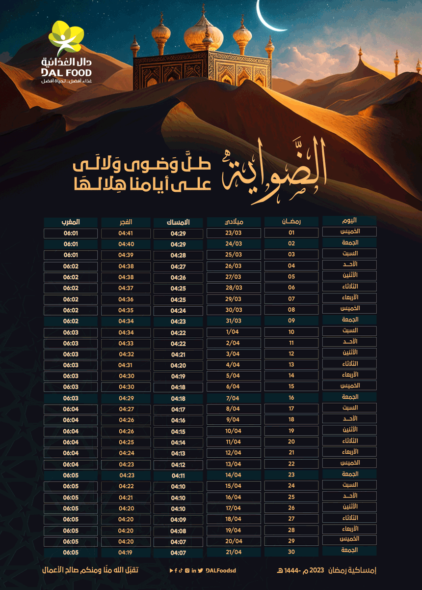 dalfoodsd's tweet photo. إمساكية الشهر الكريم من دال الغذائية للعام ٢٠٢٣
#طل_وضوى_ولالى
#DAL_Food #DAL_Group
#دال_الغذائية #مجموعة_دال https://t.co/uweXAt9JuQ