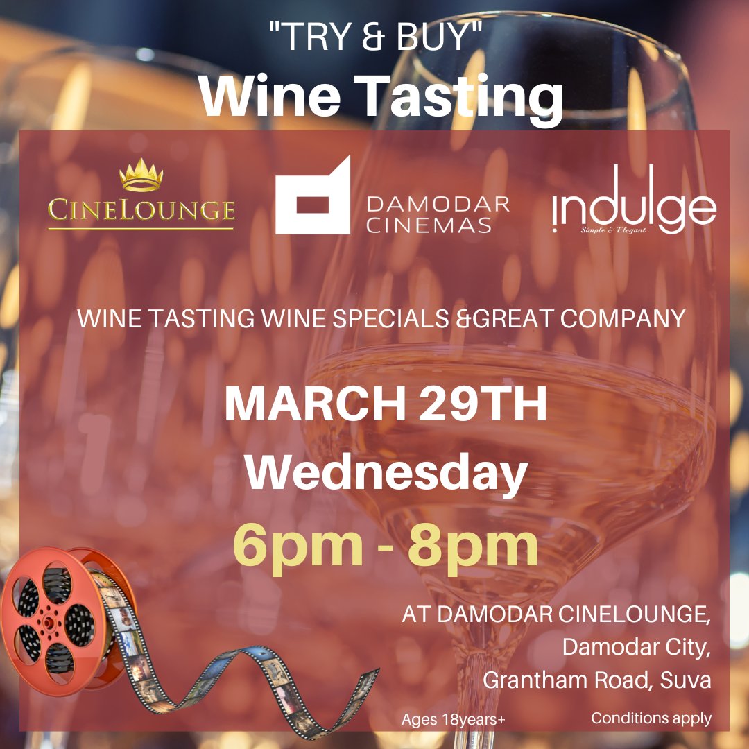 FijiIndulge's tweet photo. Join us for an evening of indulgence as we uncork the finest wines for you to try and buy 🍷🤩👌
At Damodar cinelounge / Wednesday 29th March, See you there.
#indulge #onlyatindulge #wine #damodar #tasting #TryandBuy #specials 
#whitewine #redwine #rose #frenchrose #WineTryAndBuy https://t.co/etsqXwEfLw