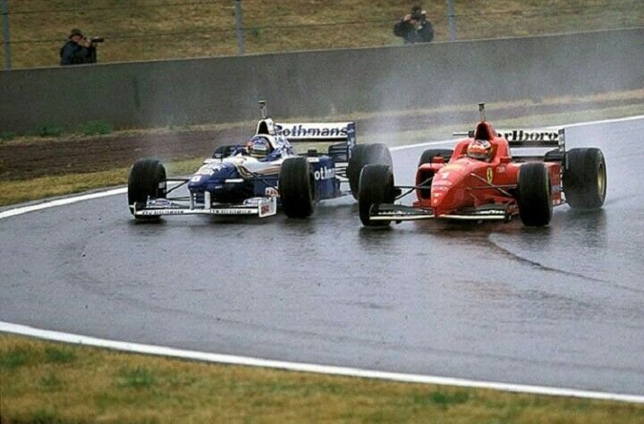 CrystalRacing's tweet photo. Throughout 1997, neither Jacques Villeneuve nor Michael Schumacher stood on the podium together

They did stand together on the podium at 2001 Spain, when MS won and JV took 3rd when Hakkinen broke down on the final lap #F1 https://t.co/pNoDufY62V