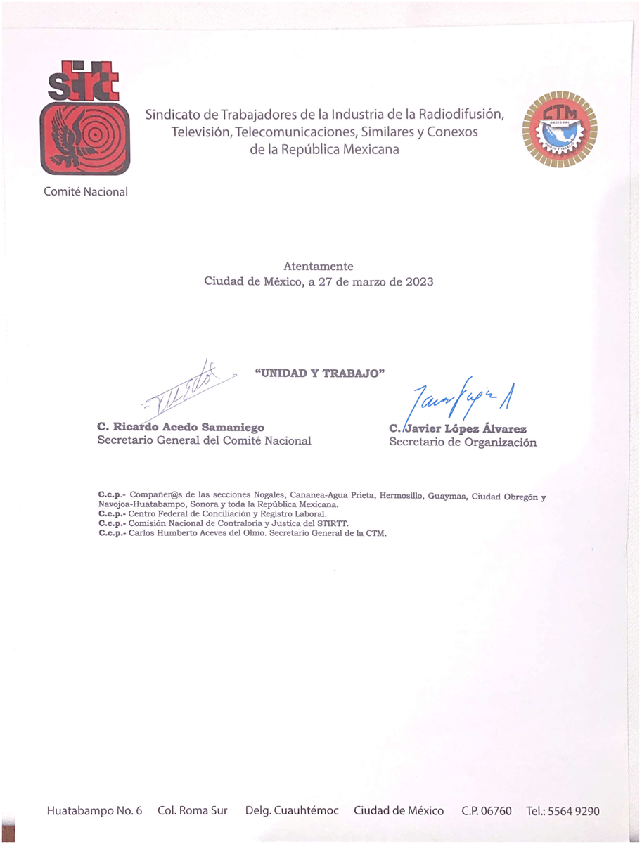 DOCUMENTO QUE AVALA ESTATUTARIAMENTE LA CONSECUSIÓN DE LOS PROCESOS ELECTORALES SECCIONALES EN EL ESTADO DE SONORA.