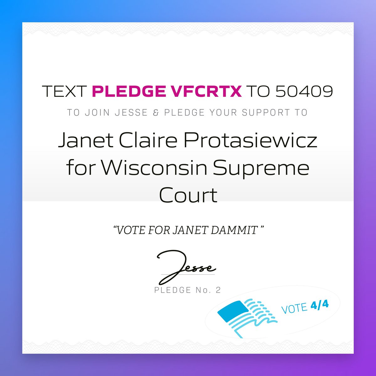 🖋 Jesse in Milwaukee County, Wis. just pledged to support Janet Claire Protasiewicz for Wisconsin Supreme Court! 

Tap to pledge your support &amp; get ready to vote: x.com/messages/compo…
