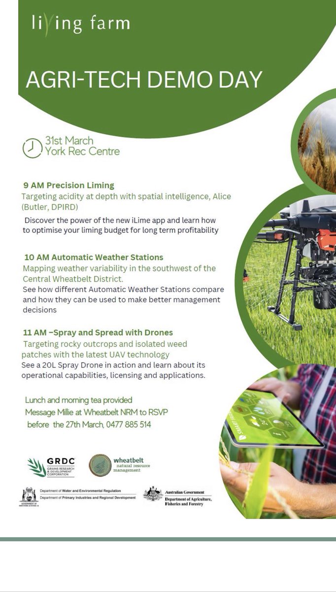 Living Farm Ag Tech event happening in York this Friday 31st March. RSVP essential to Millie at Wheatbelt NRM ON 0477885514