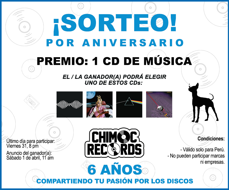 ChimocRecords's tweet photo. Por nuestro 6to aniversario regalaremos 1 Cd a uno de nuestros seguidores de Twitter 😃
Para participar:
👉 Comparte (RT) en modo público este tweet comentando cuál de estos discos te gustaría ganar. Debes usar el HT #6AñosDeChimocRecords y nuestro @ChimocRecords. https://t.co/XtaR0fMUXb