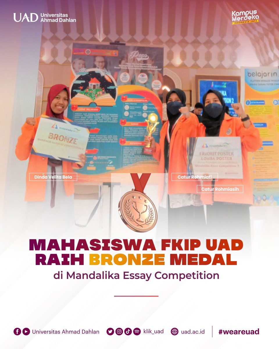 klik_uad's tweet photo. Mahaiswa FKIP UAD Raih Bronze Medal di Mandalika Essay Competition     
-
Selengkapnya di https://t.co/0hEI6JnBDr
-
#univeristasahmaddahlan #wearuad #uad #uadjogja #muhammadiyah #islamberkemajuan #essaycompetitions https://t.co/0ORvwlwCLl