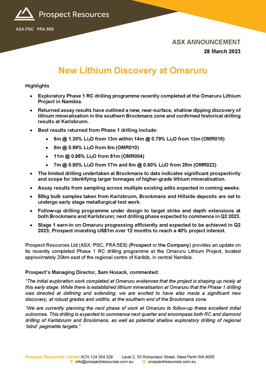 ProspectResLtd's tweet photo. Significant developments at our Omaruru Project in #Namibia, with a new, near-surface, shallow dipping discovery of #lithium mineralisation at the southern Brockmans zone. Read more in our latest announcement here: https://t.co/P0cGRdnFEt

$PSC https://t.co/HjkLxnHbZp