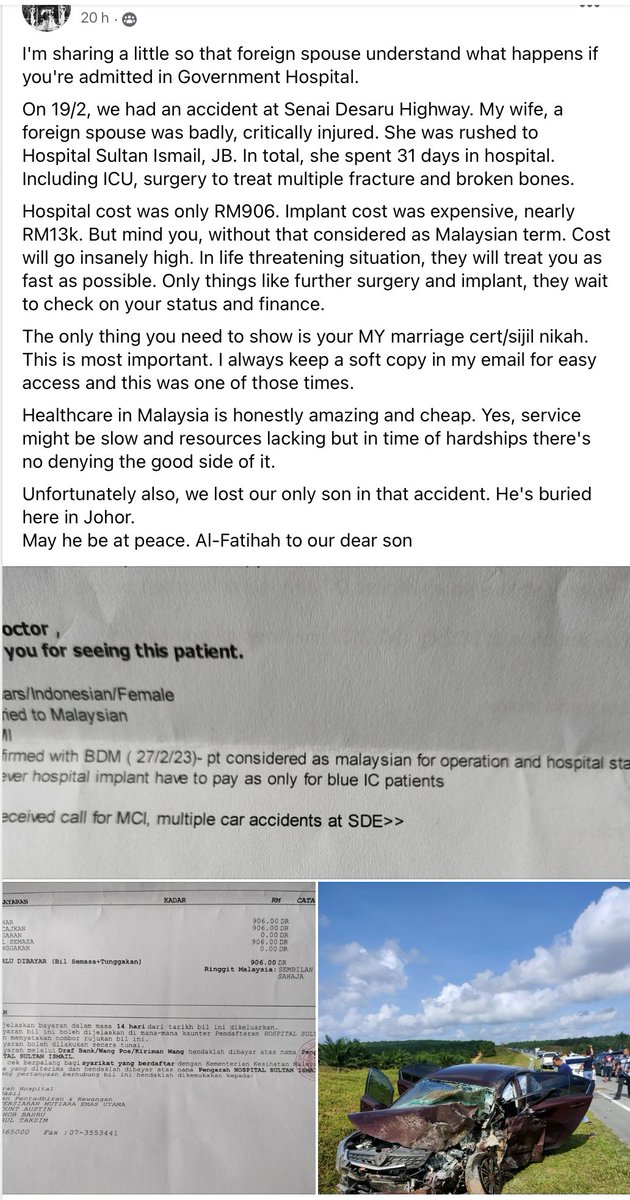 ayshardzn's tweet photo. Yesterday a Malaysian man with a foreign wife shared his wife's experience of receiving treatment at a goverment hospital after a car accident. This post was a rollercoaster ride. ☹️ https://t.co/q6v51dujOJ