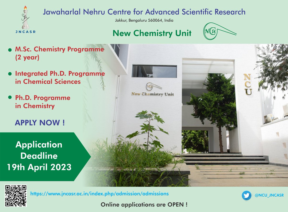 📢 Call for admissions: We invite students to join our vibrant NCU @jncasr family to pursue their careers in cutting-edge research areas of chemistry. For further information, please visit : jncasr.ac.in/admission/admi… Apply now! @SubiJGeorge @jayanta_jncasr @SebastianCPeter