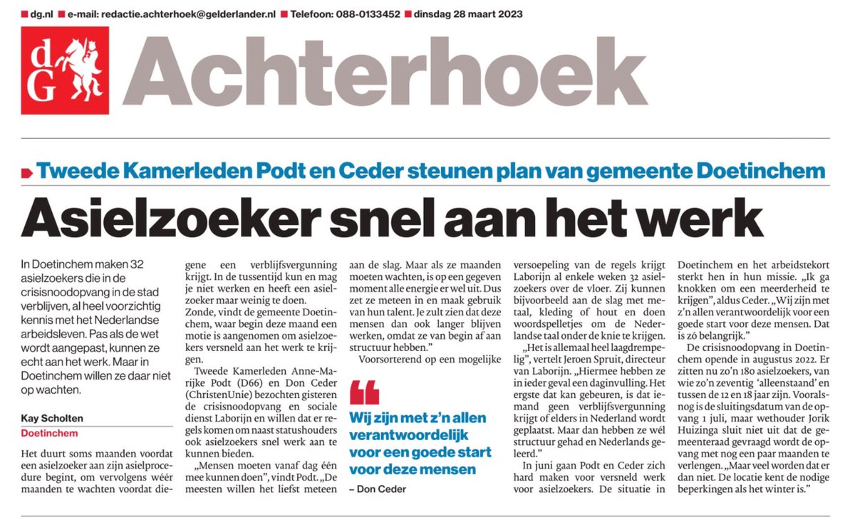Mooi gesprek gisteren in Doetinchem waar ⁦<a href="/D66Doetinchem/">D66 Doetinchem</a>⁩ met veel andere partijen al eerder vroeg te zorgen dat asielzoekers eerder aan het werk kunnen. En waar de gemeente al eerste stappen zet om dat te gaan doen.