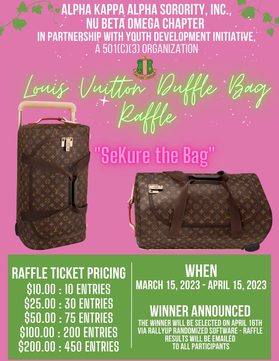 StrateJaye's tweet photo. Enter for a chance to "SeKure The Bag?!?" $10 gets you 10 entires &amp; helps us, #AKA | NBO, carry out our #charitable (YDI) Youth Development Initiative Programming. Authentic #LouisVuitton Luggage (Purchased from LV Tampa and valued over $3K)! Pls Support! https://t.co/MpktwVCMpL https://t.co/fvcTCey7Ft