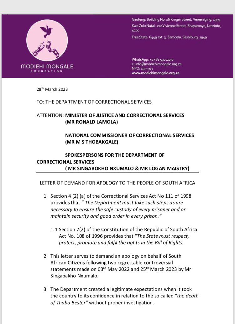 ModiehiMongale's tweet photo. Modiehi Mongale Foundation NPO demands an apology from the Department of Correctional Services for making two regrettable controversial statements regarding Thabo Bester.
On 3rd May 2022 Bester is dead, on the 25th March 2023 Bester is at large.
@Newzroom405 @MorningLiveSABC https://t.co/wBXBldvpzI