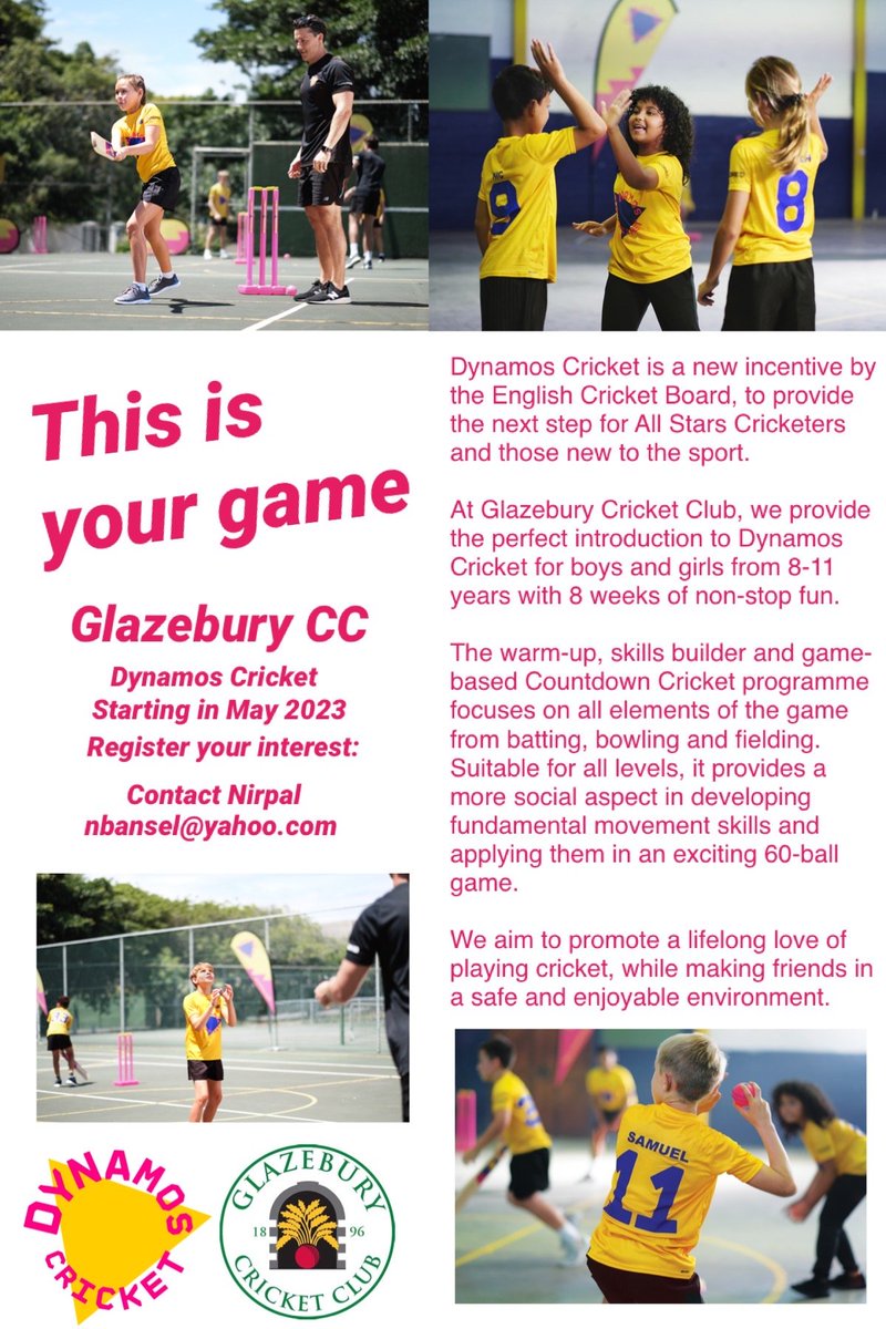 Looking for a fun friendly sport for 8-11 year olds every Friday? Then Dynamos Cricket is perfect.

FREE Taster session: Friday 12th May, 6:30pm- 7:30pm. 

Link to sign up: ecb.clubspark.uk/Dynamos/BookCo… 

Contact Nirpal for further information: nbansel@yahoo.com