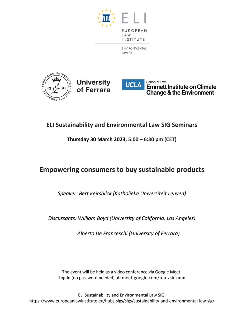 30 March 2023, 5:00 – 6:30 pm (CET) <a href="/EuropeanLawInst/">European Law Institute</a>   #Sustainability  and #environmental  #Law Seminars with  <a href="/UniFerrara/">Università Ferrara</a>  and <a href="/UCLALawEmmett/">UCLA Emmett Institute</a>  

Attend online: meet.google.com/fou-zsir-umx
find the programme 👇