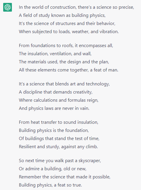 InklingLLP's tweet photo. I asked ChatGPT @OpenAI to write a poem about #BuildingPhysics. https://t.co/A4GFh3eBmn