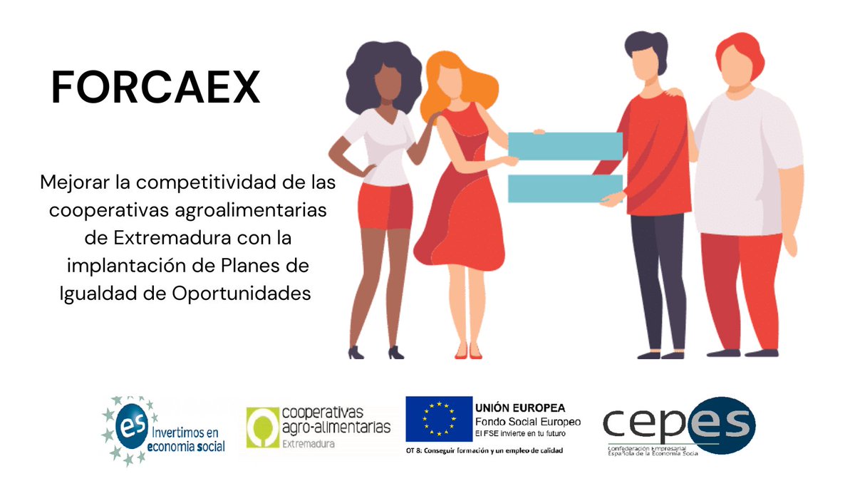 CooperativasExt's tweet photo. 👩🌾👨🌾 @CooperativasExt implanta Planes de Igualdad de Oportunidades en cooperativas agroalimentarias extremeñas
🔝A través de su proyecto #FORCAEX con @CEPES2 y Fondo Social Europeo
#POISES #POISESCEPESFSE #CEPESFSE
https://t.co/HnGgFc2ONL https://t.co/tnDMg2JAm5