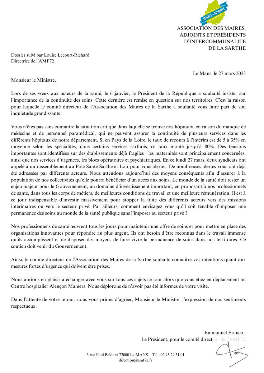 Le comité directeur de l’AMF72 a souhaité alerter Monsieur le ministre de la Santé sur l’urgence d’agir face aux fermetures des services hospitaliers. A une situation déjà dégradée s’ajoutent l’entrée en application de la loi Rist, prévue pour avril 2023.