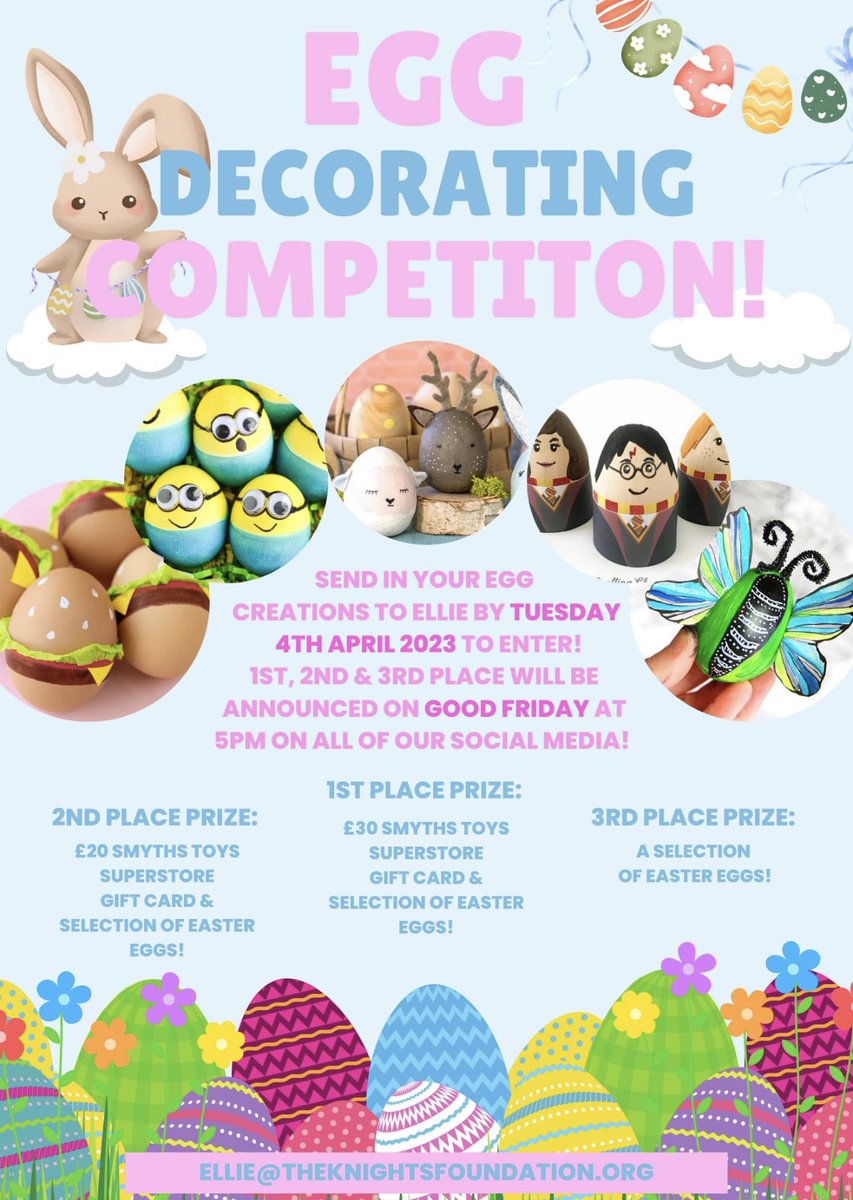 Only a week to go to enter in your egg creations! Don't forget!🐰🐣

Email Ellie on ellie@theknightsfoundation.org to be in with a chance to win some easter prizes! 

#easter2023 #EasterEggChallenge #WeRiseByLiftingOthers #TheKnightsFoundation