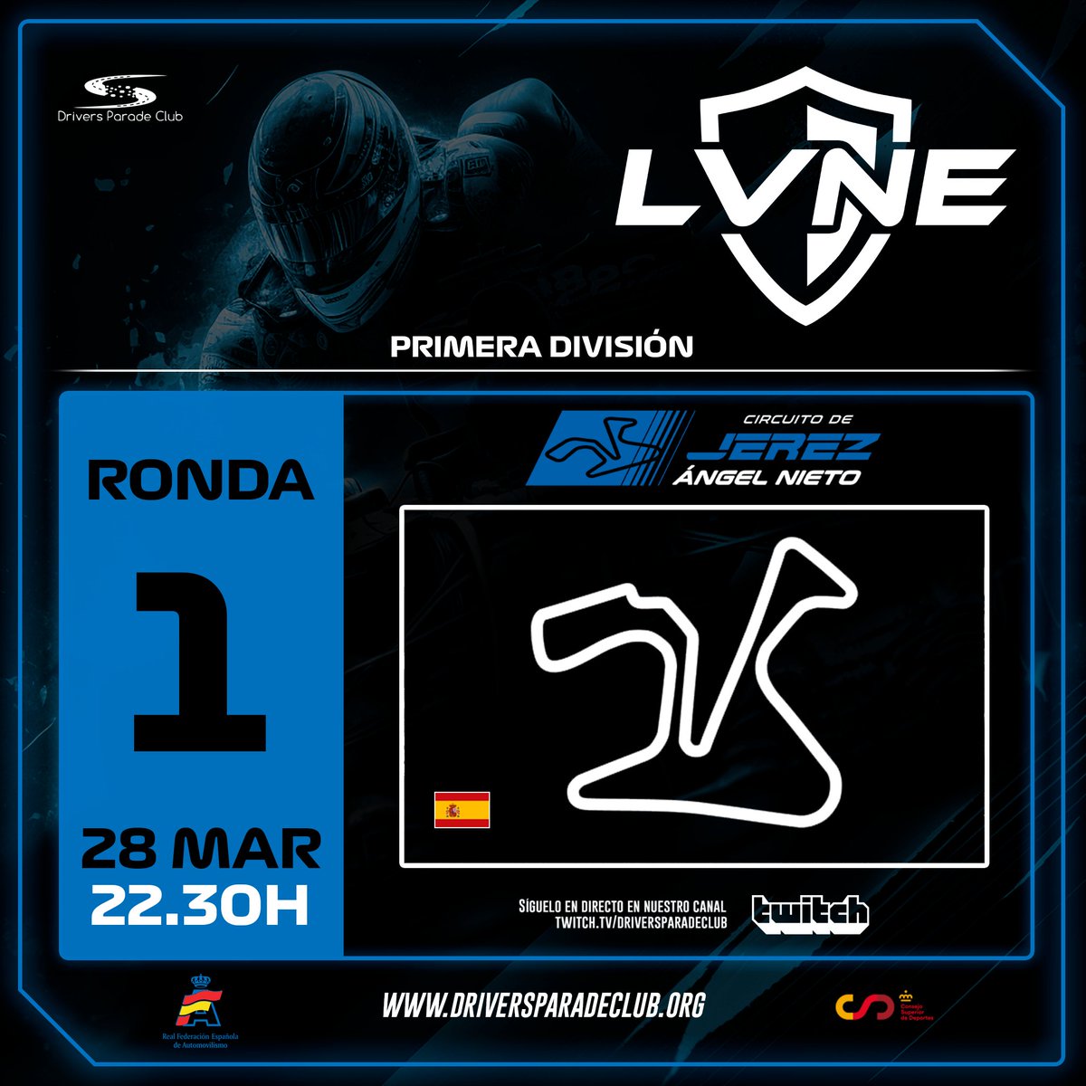 🏆LVNE 2023🏆

🥇1ª DIVISIÓN🥇

¡Primera carrera de la temporada! ¡Noche de estreno de la 1ª División de la #LVNE2023!

📍Jerez
⏰22:05h (Hora de Madrid)
📺twitch.tv/advncesic
⌚️Live Timing: livedpc.noflyarea.es

¡TE ESPERAMOS!