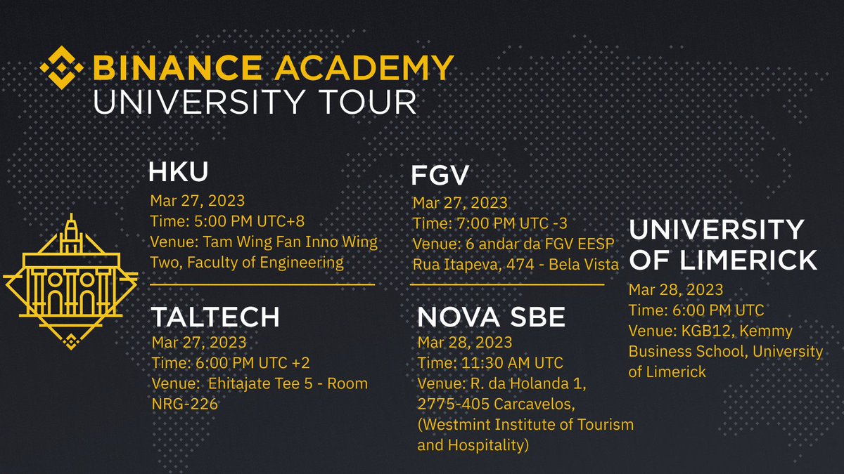 BinanceAcademy's tweet photo. Here is our schedule for this week #BinanceUniversity Tour 🥳

We will be visiting not one, not two but eleven universities this week!

We can't wait! 🎓 https://t.co/h0WqLM5Qym