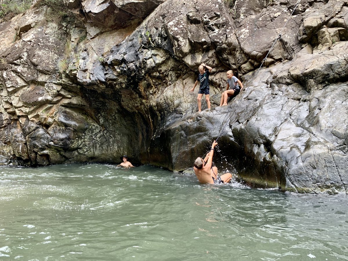 FreedomHAV's tweet photo. Fi is away for a few days visiting her folks so I’m holding the fort.😁 Been super busy so promised to do something fun today. 

We ended up at the waterhole where I used to swim as a teen. 

We had a blast! Charles jumped from the same spot I did 30 years ago.😅

#AussieFun https://t.co/L59ulxyHxj